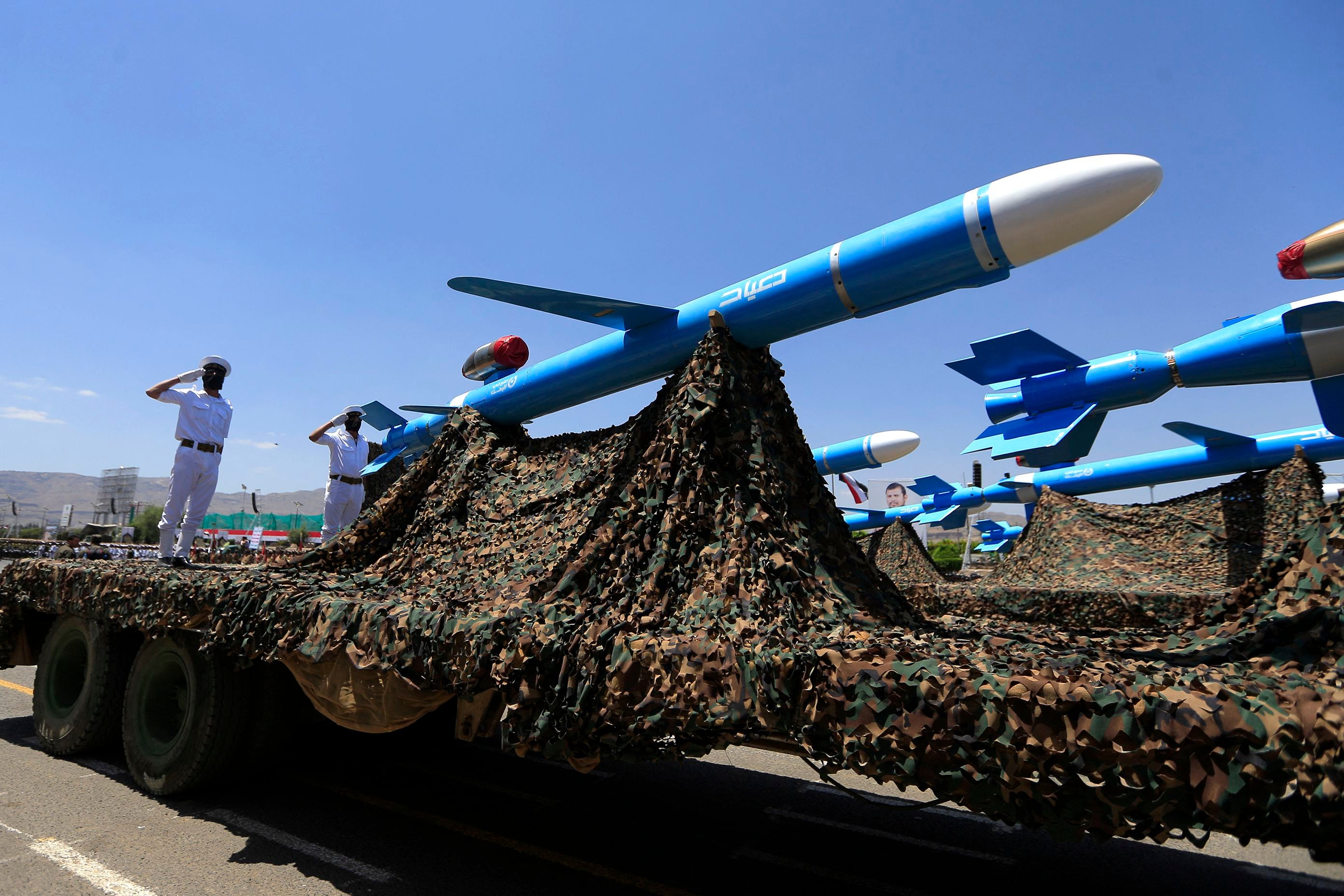 Houthi rebels assemble a missile carrier during a military parade in Sanaa, capital of Yemen, on September 21, 2023. (Photo by MOHAMMED HUWAIS/AFP).