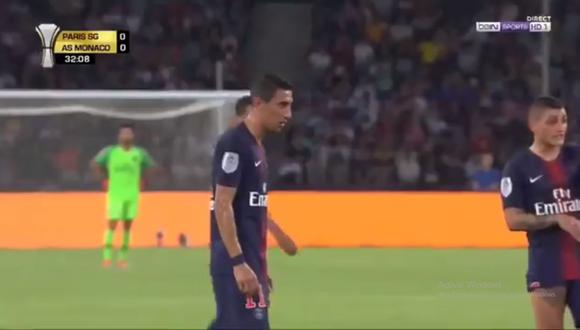 Angel Di María marcó el primer gol del encuentro con un golazo de tiro libre. PSG y Mónaco se miden por la Supercopa de Francia (Foto: captura de pantalla)
