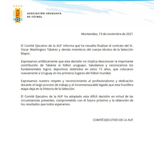 AUF comunicó salida de Óscar Washington Tabárez. (Foto: AUF)