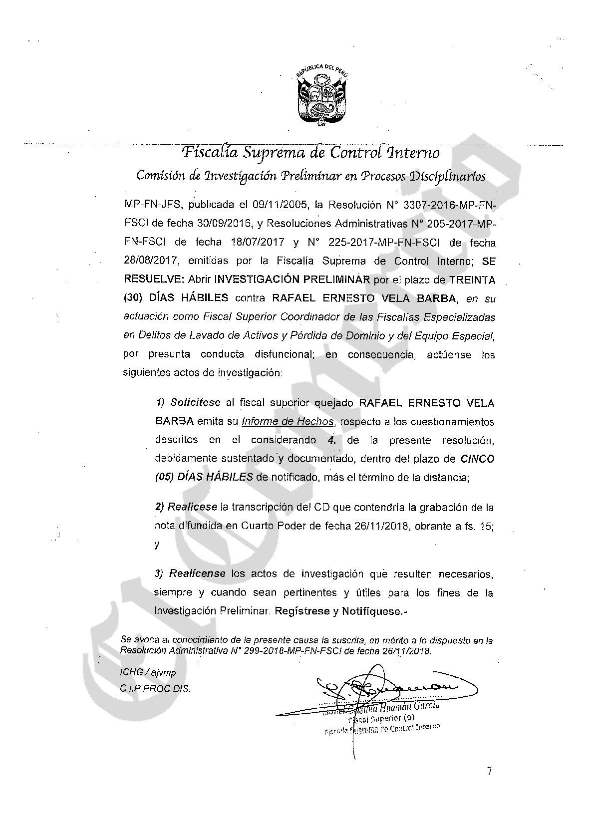 Resolución con el inicio de investigación preliminar contra el fiscal superior Rafael Vela.