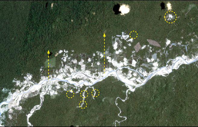 Proyecto MAAP alerta de tres focos de minería ilegal en la Amazonía sur. Imagen corresponde a Alto Malinowsky, octubre 2019. (Fuente: Planet. Análisis de MAAP/ACCA).