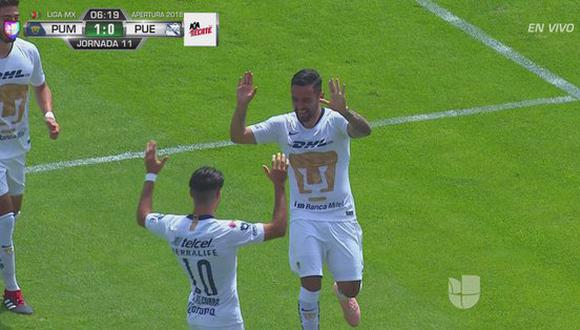 Alan Mendoza concretó su tercer gol en el certamen frente a Puebla. Su notable golpeo de cabeza se dio tras un centro de Malcorra. (Foto: captura de video)