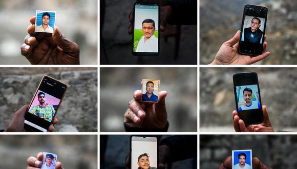 Familiares sostienen fotografías y teléfonos móviles con imágenes de trabajadores desaparecidos en el Proyecto de Energía Hidroeléctrica Tapovan-Vishnugad y el Proyecto de Energía de Rishiganga luego de una inundación repentina en la India. (Foto de Sajjad HUSSAIN / AFP).