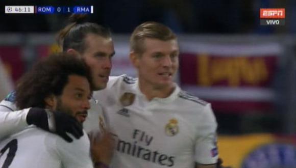 Real Madrid vs. Roma: Gareth Bale marcó el 1-0 luego del regalo del argentino Fazio. (Foto: captura)