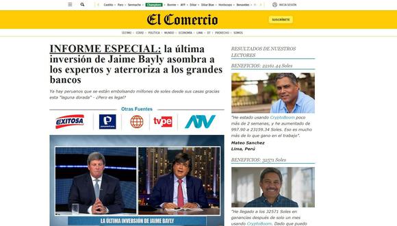 Página web fraudulenta que imita al sitio oficial de El Comercio.