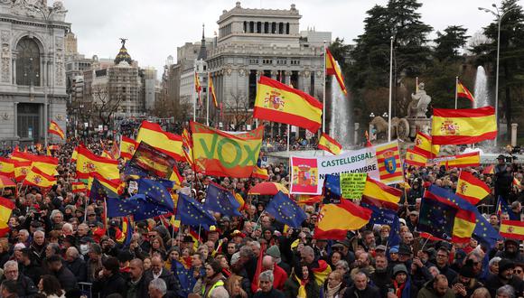 Los manifestantes ondean banderas europeas, nacionales españolas y del partido de extrema derecha español Vox durante una manifestación convocada por el Foro Libertad y Alternativa junto con otras asociaciones sindicalistas. (Foto de Pierre-Philippe MARCOU / AFP)