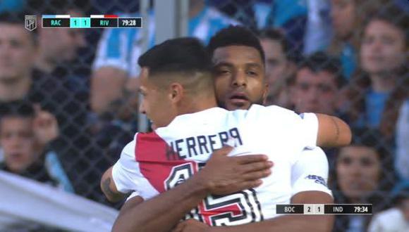 Gol de Miguel Borja para el 1-1 en Racing vs. River Plate.  (Captura: ESPN)