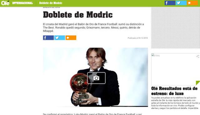 Balón de Oro 2018: reacciones de los principales medios del mundo tras el anuncio de Luka Modric como el ganador del trofeo | Foto: captura