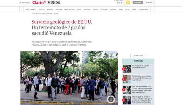 Prensa argentina informó sobre la evacuación de las personas de los edificios en Caracas. | Foto: Clarín