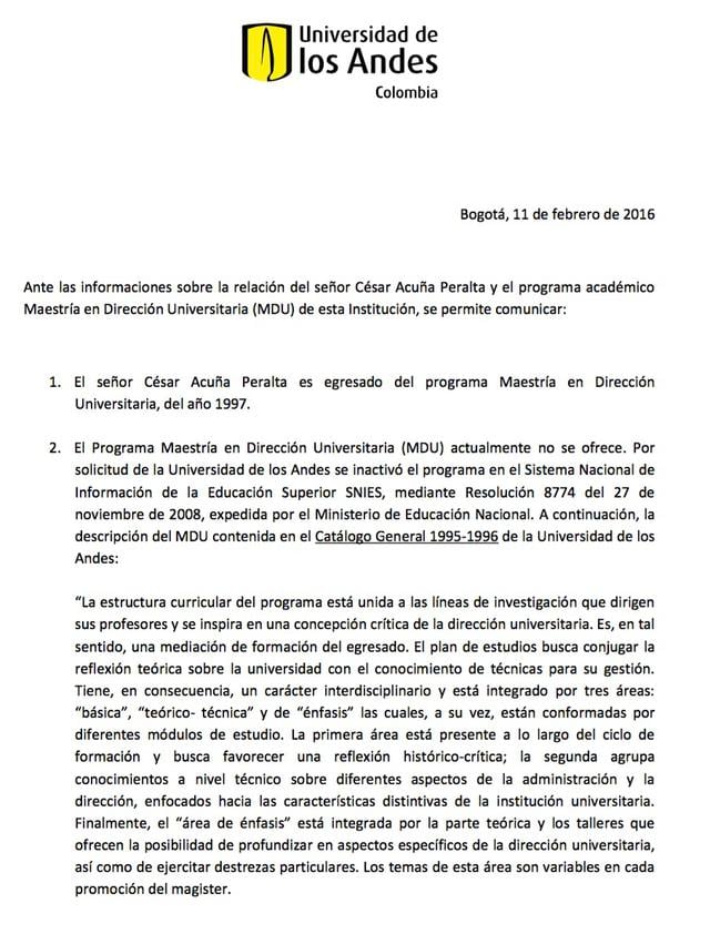 Acuña: Universidad de los Andes se pronunció sobre su maestría - 2