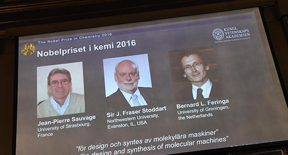 Jean-Pierre Savage, J. Fraser Stoddart y Bernard L. Feringa fueron galardonados con el premio Nobel de Química. (Foto: EFE)