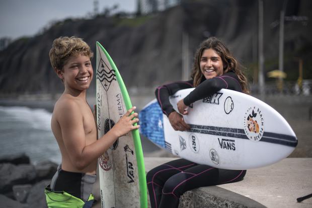 Luca Chipoco and Sofia Artida at Macaha Beach in Miraflores, the birthplace of great Peruvian surfers.