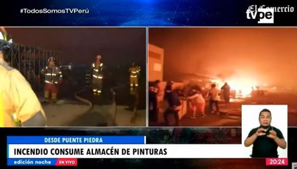 El siniestro tiene código 3 y unas 18 unidades de los Bomberos, entre motobombas, cisternas y vehículos de rescate, atienden la emergencia. (Foto: captura de video TV Perú)