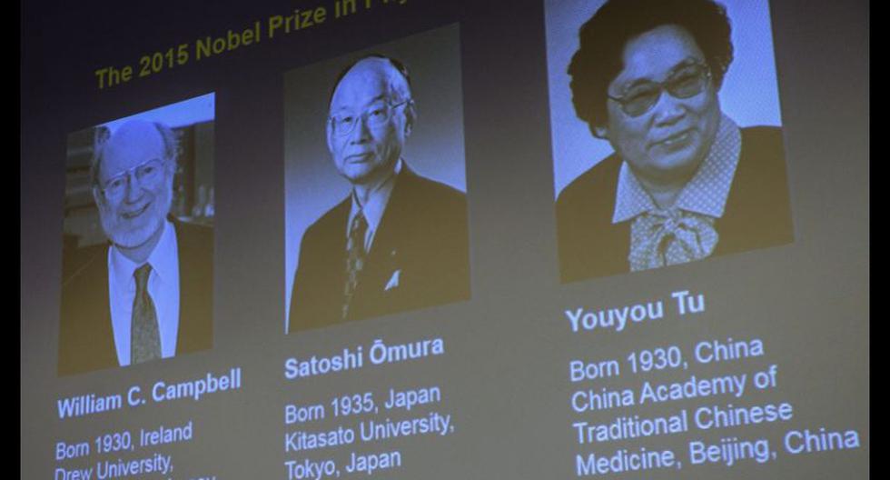 Vista de los retratos de los ganadores del Premio Nobel de Medicina 2015 durante una rueda de prensa para anunciar a los ganadores del galard&oacute;n en el Instituto Karolinska de Estocolmo. (Foto: EFE)