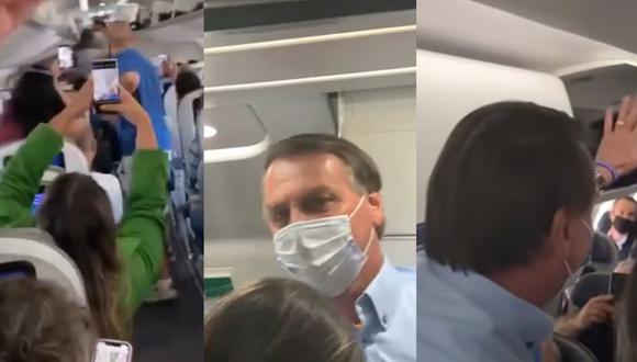 Jair Bolsonaro tuvo un polémico encuentro con pasajeros de un vuelo comercial al interior de Brasil. (Foto: capturas de videos de Twitter y YouTube / Composición: El Comercio)