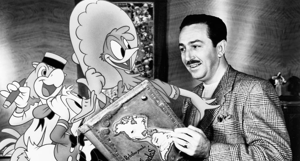Walt Disney fundó en 1923, junto a su hermano Roy, The Disney Brothers Studios. Este se convirtió luego en The Walt Disney Studios. En la imagen, lo acompañan personajes del filme “Saludos, amigos” (1942) ambientado en Latinoamérica.