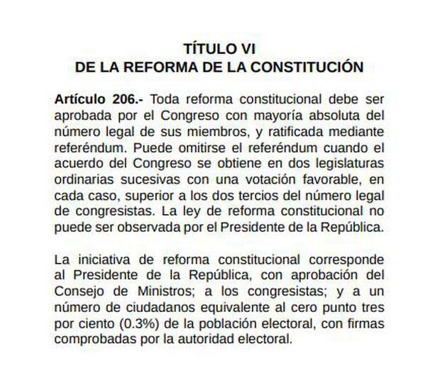 El artículo 206 de la Constitución plantea el camino para "toda reforma constitucional". Menciona al Congreso, mas no a una asamblea constituyente. (Captura)