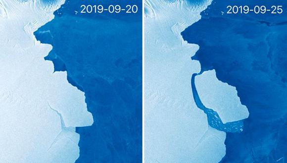 El sistema satelital de la Unión Europea Sentinel-1 capturó estas imágenes del antes y el después del desprendimiento del iceberg. COPERNICUS DATA/SENTINEL-1/@STEFLHERMITTE