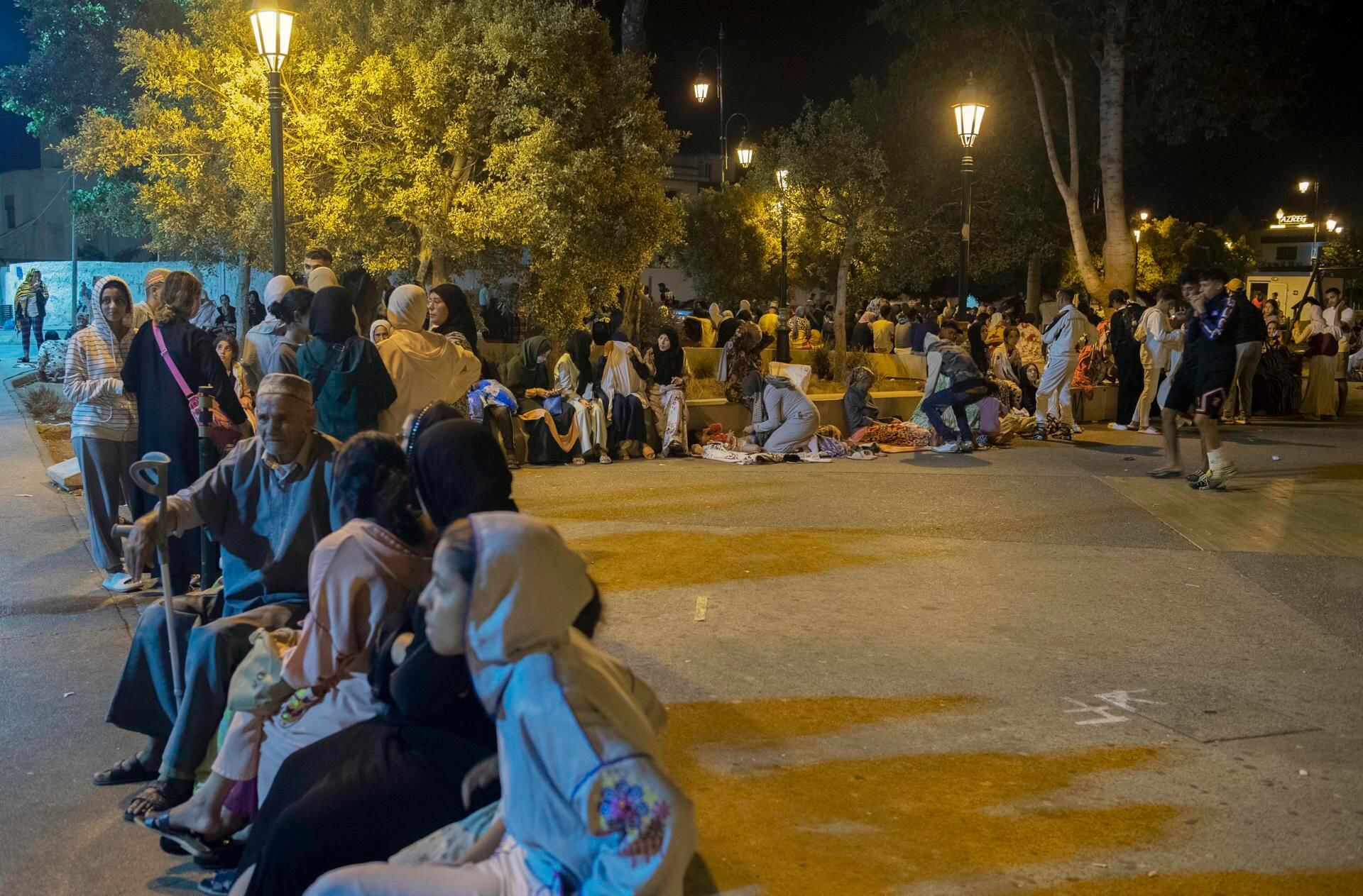 People seek safety in the street after an earthquake in Rabat, Morocco, on September 8, 2023. (EFE/EPA/Jalal Morchidi).