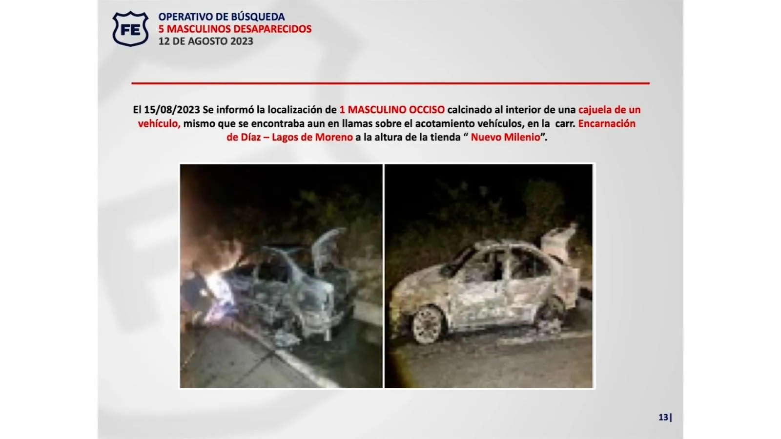 The youths' vehicles were found burnt.  (Jalisco Prosecutor's Office).