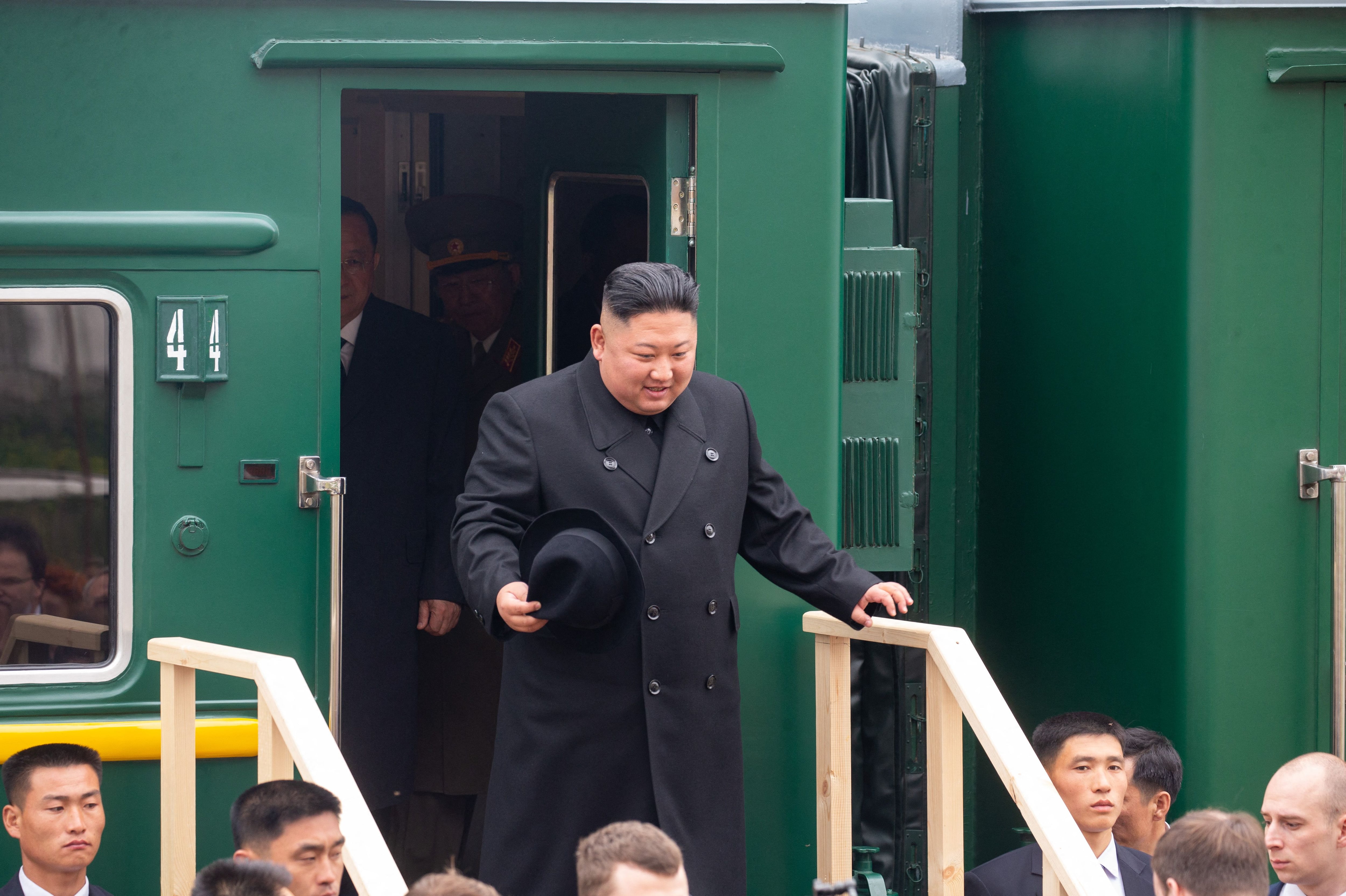 Kim Jong-un upon arrival at a station in the Russian border town of Khasan on April 24, 2019. (Photo by Alexander SAFRONOV / Primorsky Krai Administration Press Service / AFP).