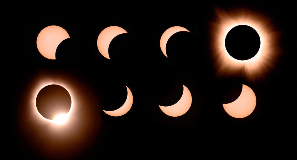En esta composición de ocho fotografías, la Luna pasa junto al Sol hacia su totalidad y se aleja nuevamente durante un eclipse solar total en Bloomington, Indiana, el 8 de abril de 2024. (Foto de JOSH EDELSON / AFP).