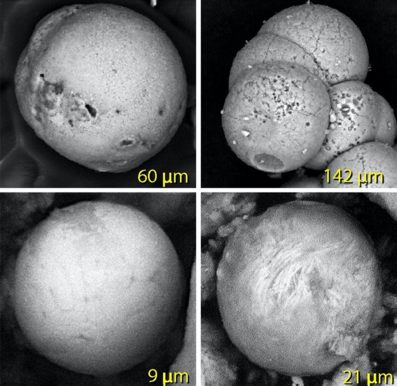 Spherules made of melted sand (top left), palace plaster (top right), and molten metal (two bottom).  Malcolm LeCompte, CC BY-ND.