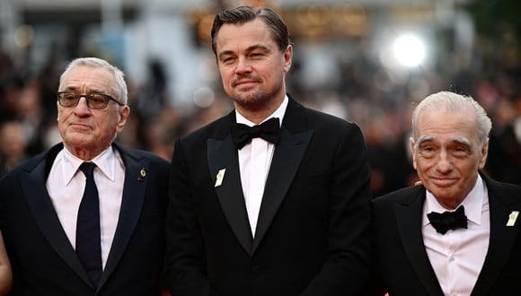 Leonardo Dicaprio, Martin Scorsese y Robert de Niro en uno de los momentos más especiales del Festival de Cannes 2023 (Foto: AFP)
