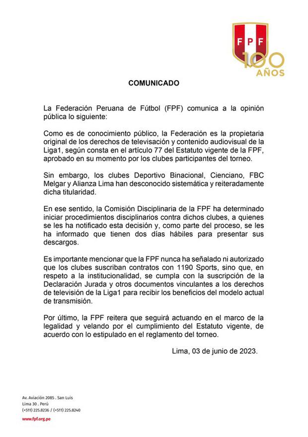 Comunicado de la máxima entidad del fútbol peruano. Foto: FPF