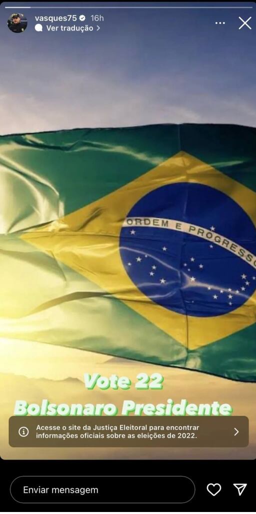 Una de las publicaciones de Vasques en redes sociales llamando a votar por Bolsonaro. 