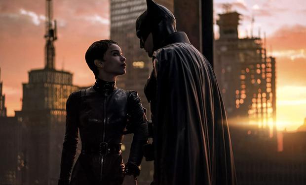 Zoë Kravitz and Robert Pattinson in a scene from "The Batman."