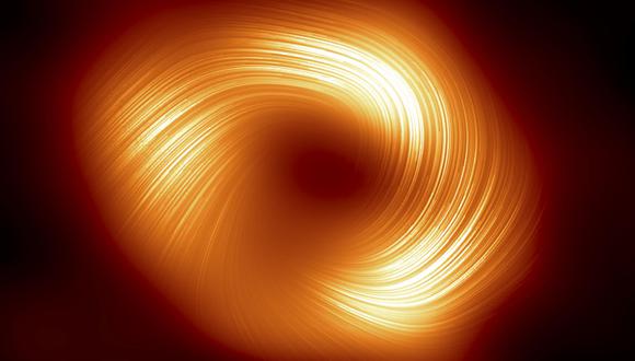 VÍA LÁCTEA, 27/03/2024.- Fotografía de un agujero negro supermasivo de la Vía Láctea Sagitario A* en luz polarizada. Científicos del Telescopio Horizonte de Sucesos (EHT, por sus siglas en inglés) descubrieron la presencia de campos magnéticos potentes y organizados que giran en espiral desde el borde del agujero negro supermasivo Sagitario A* (Sgr A*), en el centro de la Vía Láctea. EFE/ European Southern Observatory / Eht Collaboration