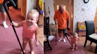 El adorable momento en que una bebé imita cómo camina su abuelo con un bastón