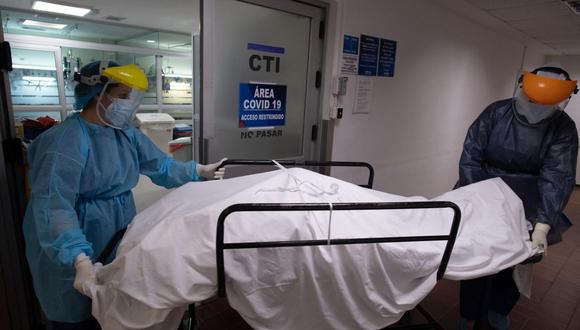 Trabajadores de la morgue empujan un carrito con uno de los tres pacientes que fallecieron en la misma mañana en una Unidad de Cuidados Intensivos (UCI) Covid-19 en Uruguay. (Foto de Pablo PORCIUNCULA / AFP).