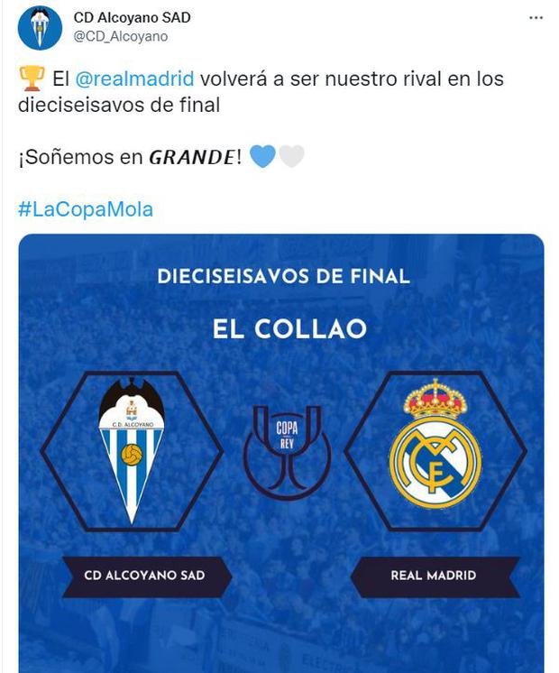 La reacción de Alcoyano al saber que volverá a jugar contra Real Madrid. (Foto: Captura de Twitter)