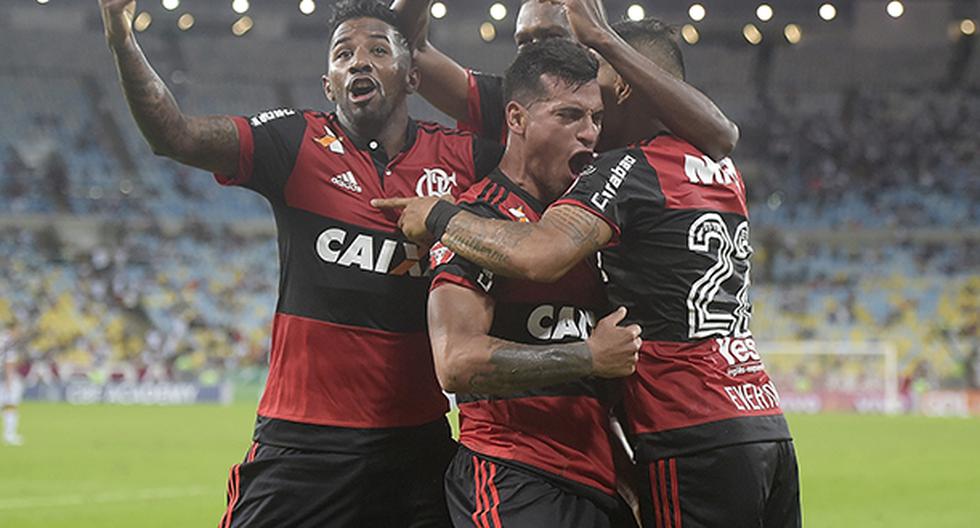 Con el gol agónico de Miguel Trauco, Flamengo salvó un empate ante Fluminense por la fecha 8 del Brasileirao. Paolo Guerrero también jugó todo el partido. (Foto: Getty Images)
