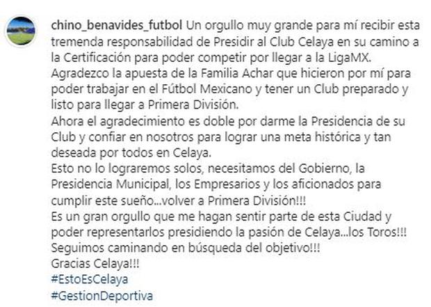 Carlos Benavides thus celebrated his appointment as president of Club Celaya.