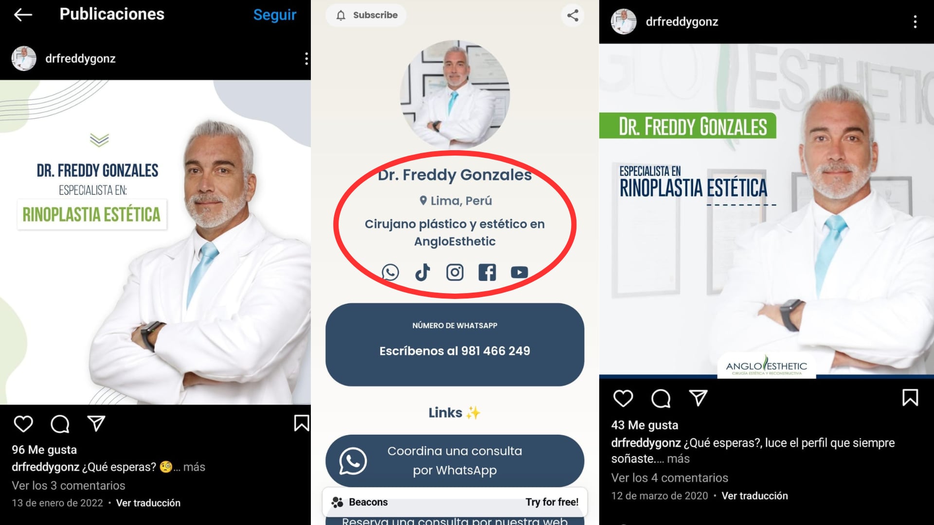 Según su página de links colocada en su perfil oficial de Instagram, el doctor se identifica como cirujano plástico y estético.