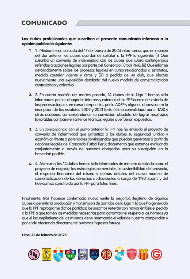 Catorce clubes y el comunicado contra las instituciones opositoras de la FPF.