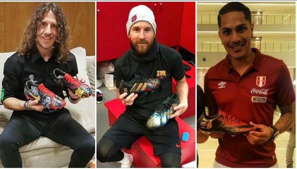 Carles Puyol, Lionel Messi y Paolo Guerrero posando con botines personalizados por la artista paraguaya Lilian Cantero. (Facebook e Instagram)