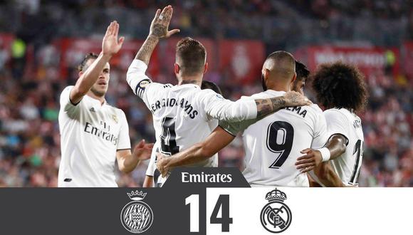 Real Madrid volteó el partido ante Girona con doblete del francés Karim Benzema, por la fecha 2 de la Liga Santander en el Estadio Municipal de Montilivi. (Foto: Twitter)