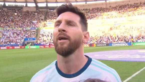 Messi cantando el himno nacional de Argentina. (Foto: captura de TV)