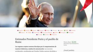 Crean página web para que Occidente se "disculpe" con Putin