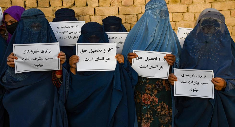 Mujeres afganas vestidas con burka sostienen pancartas mientras protestan por su derecho a la educación en Mazar-i-Sharif el 12 de agosto de 2023. (Foto de Atef Aryan / AFP).