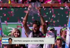 La celebración de Juan Martín del Potro en Indian Wells tras vencer a Roger Federer