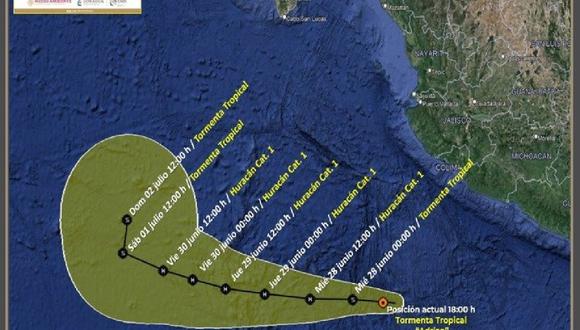 La trayectoria de la tormenta tropical Adrián en la zona del océano Pacífico frente a México, el 27 de junio de 2023. (Imagen de Twitter @conagua_clima)