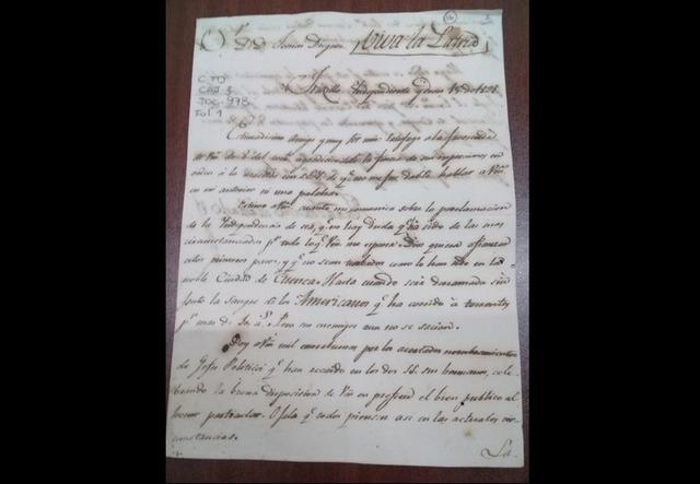 Carta del 15 de enero de 1820 que envía Juan Ignacio Machado a Tomás Diéguez sobre la proclamación de la Independencia de Trujillo.