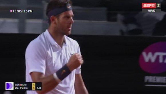 Del Potro vs. Djokovic: el sensacional punto del argentino para llevarse el primer set de los cuartos de final del Masters de Roma. (Foto: captura)