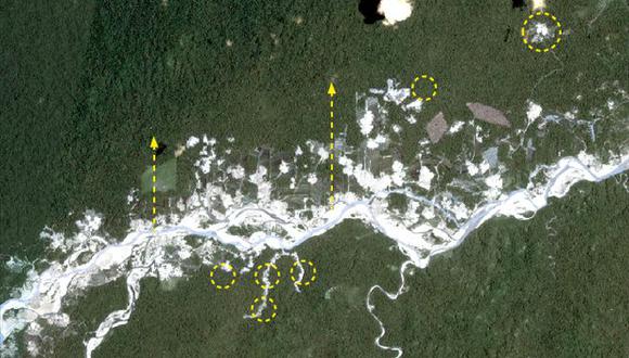 Proyecto MAAP alerta de tres focos de minería ilegal en la Amazonía sur. Imagen corresponde a Alto Malinowsky, octubre 2019. (Fuente: Planet. Análisis de MAAP/ACCA).