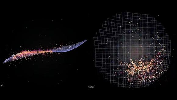 A la izquierda, vista del mapa en tres dimensiones de la Vía Láctea desde uno de sus lados. A la derecha, vista del mapa desde una vista cenital. (Foto: Science News)